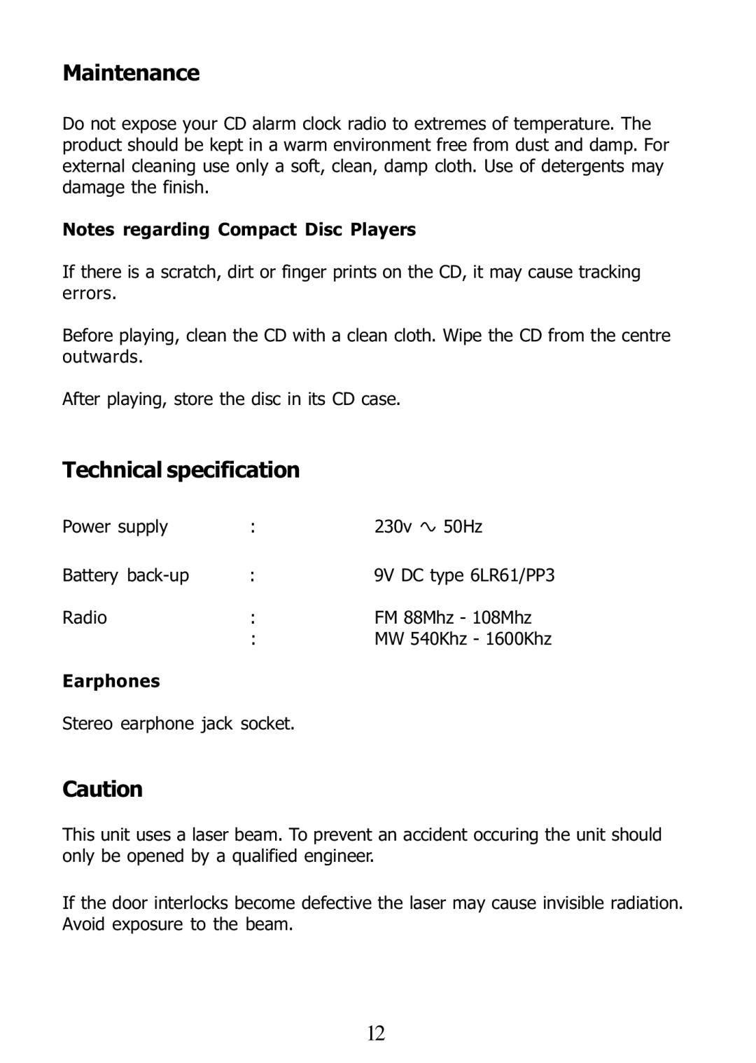 Morphy Richards 29000 operating instructions Maintenance, Technical specification 