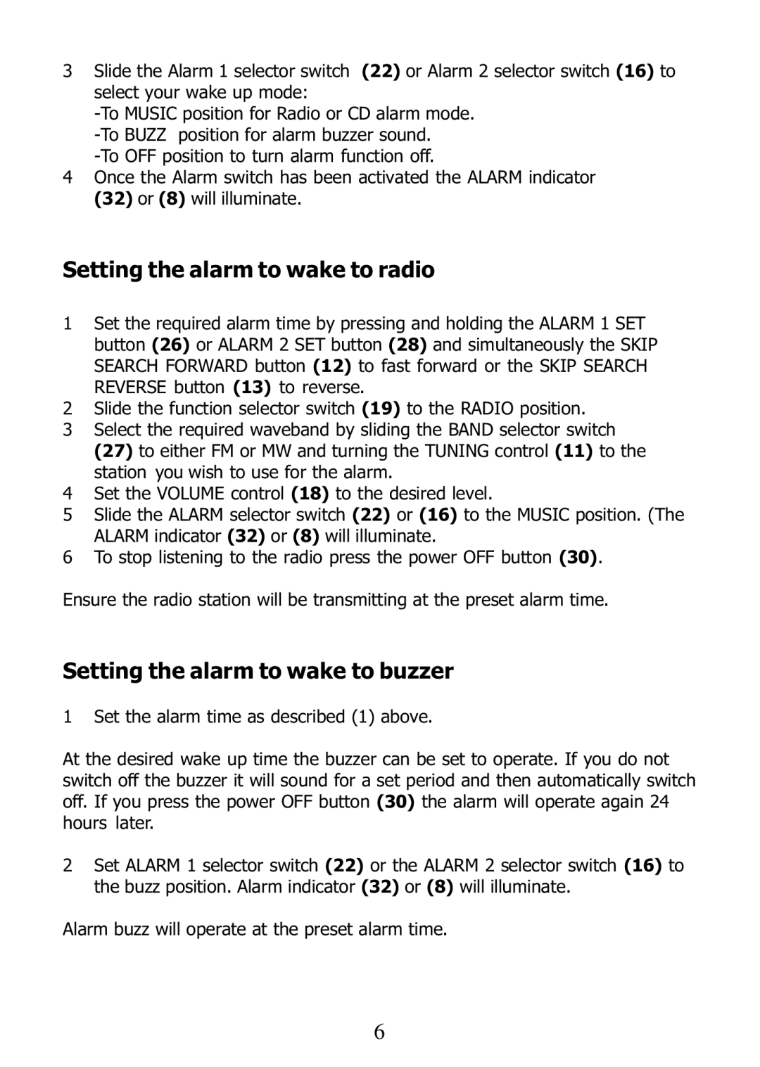 Morphy Richards 29000 operating instructions Setting the alarm to wake to radio, Setting the alarm to wake to buzzer 