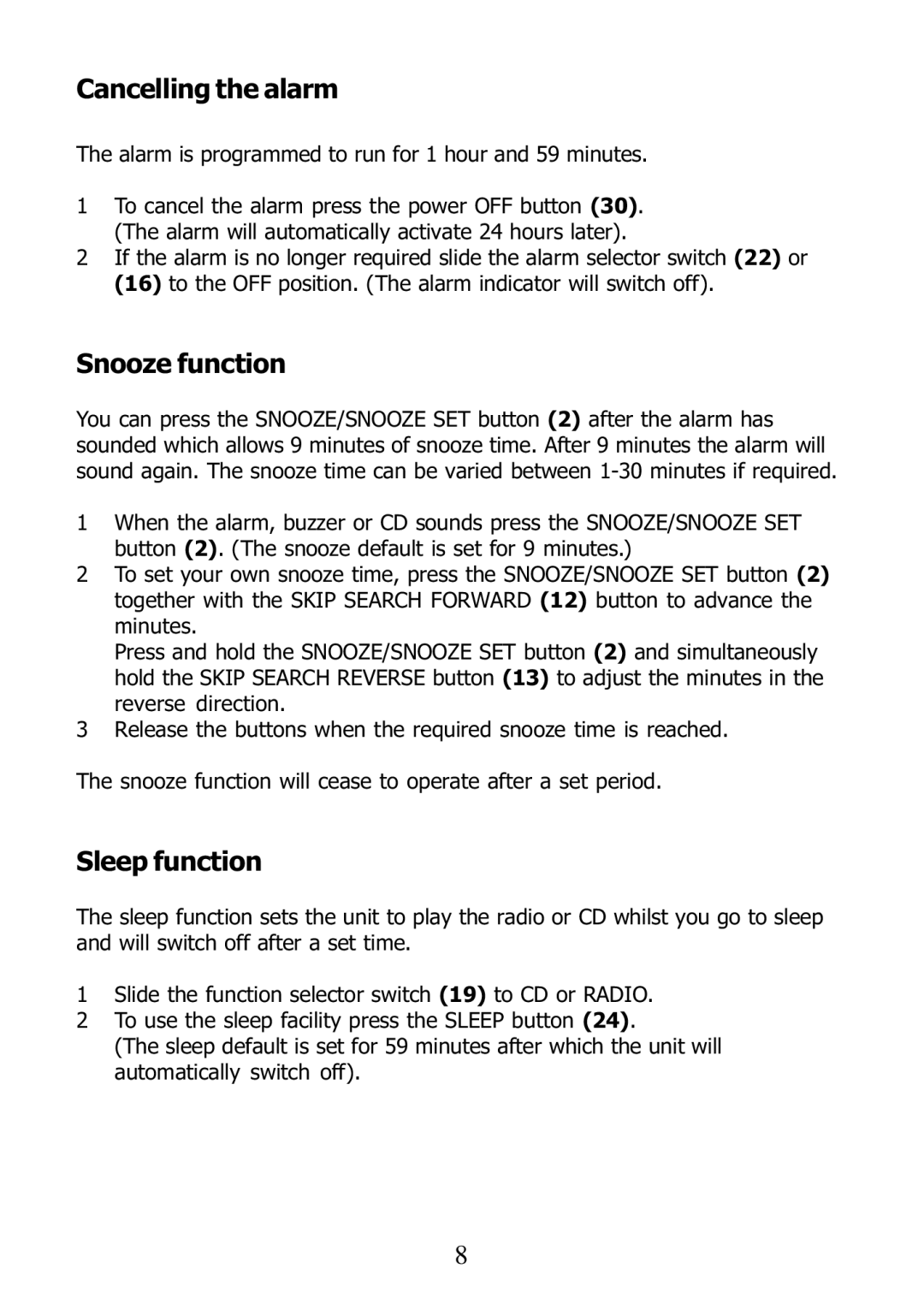 Morphy Richards 29000 operating instructions Cancelling the alarm, Snooze function, Sleep function 