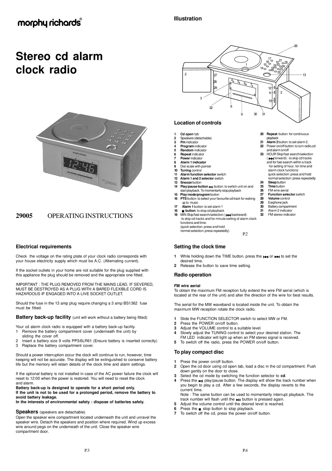 Morphy Richards 29005 operating instructions Electrical requirements, Location of controls, Setting the clock time 