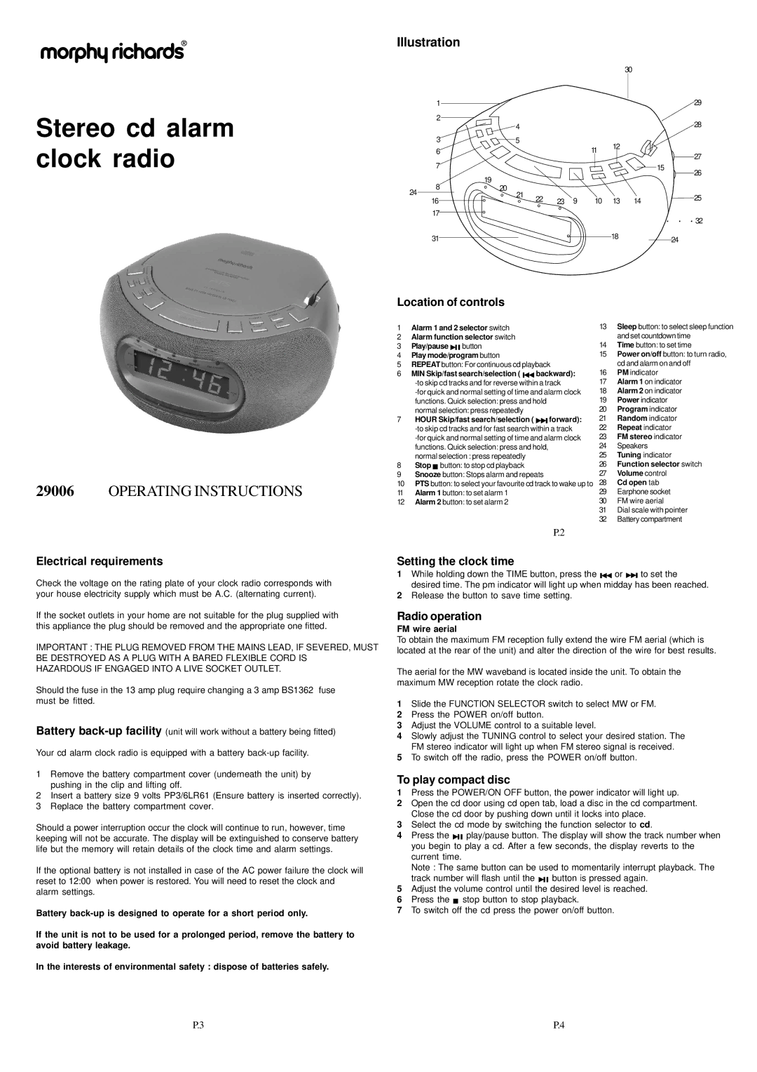 Morphy Richards 29006 operating instructions Location of controls, Electrical requirements, Setting the clock time 