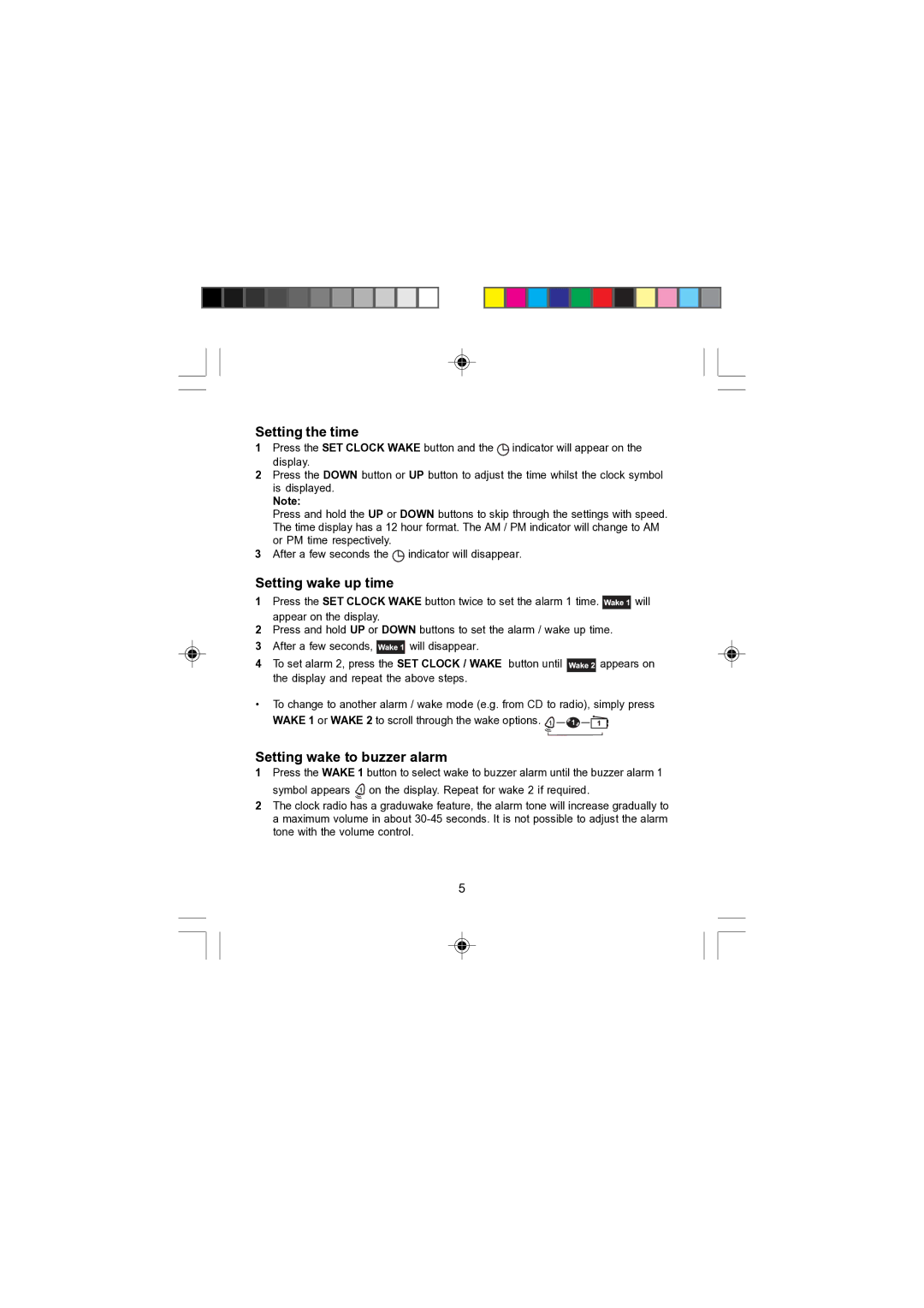 Morphy Richards 29007 operating instructions Setting the time, Setting wake up time, Setting wake to buzzer alarm 