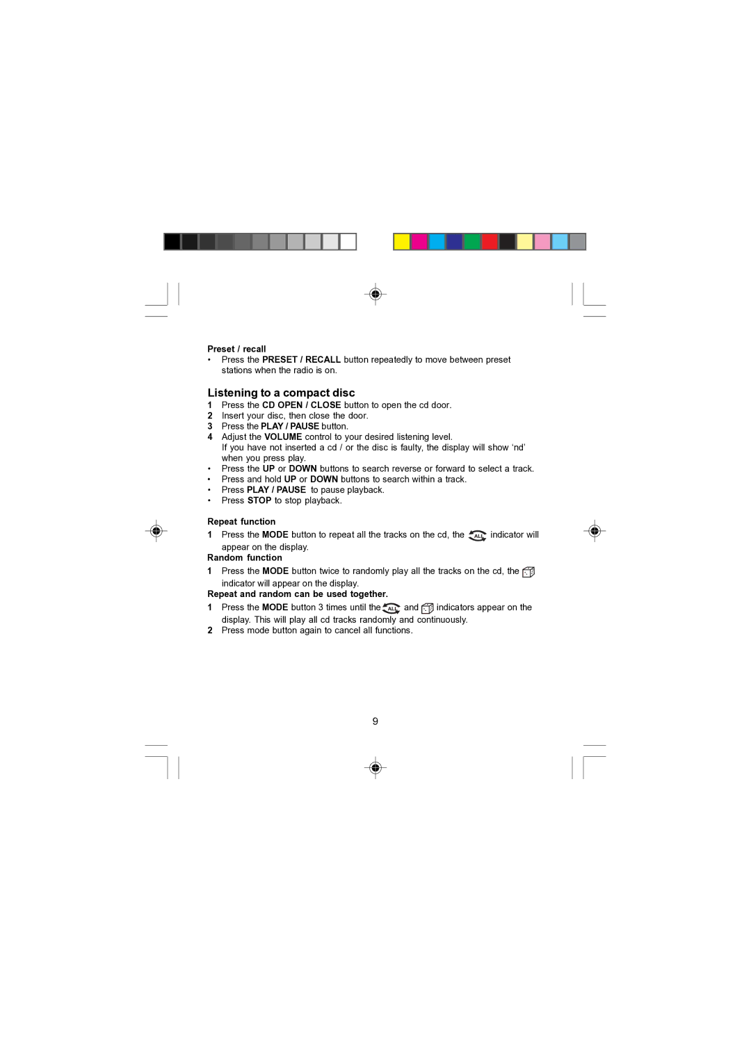 Morphy Richards 29007 operating instructions Listening to a compact disc, Preset / recall, Repeat function, Random function 