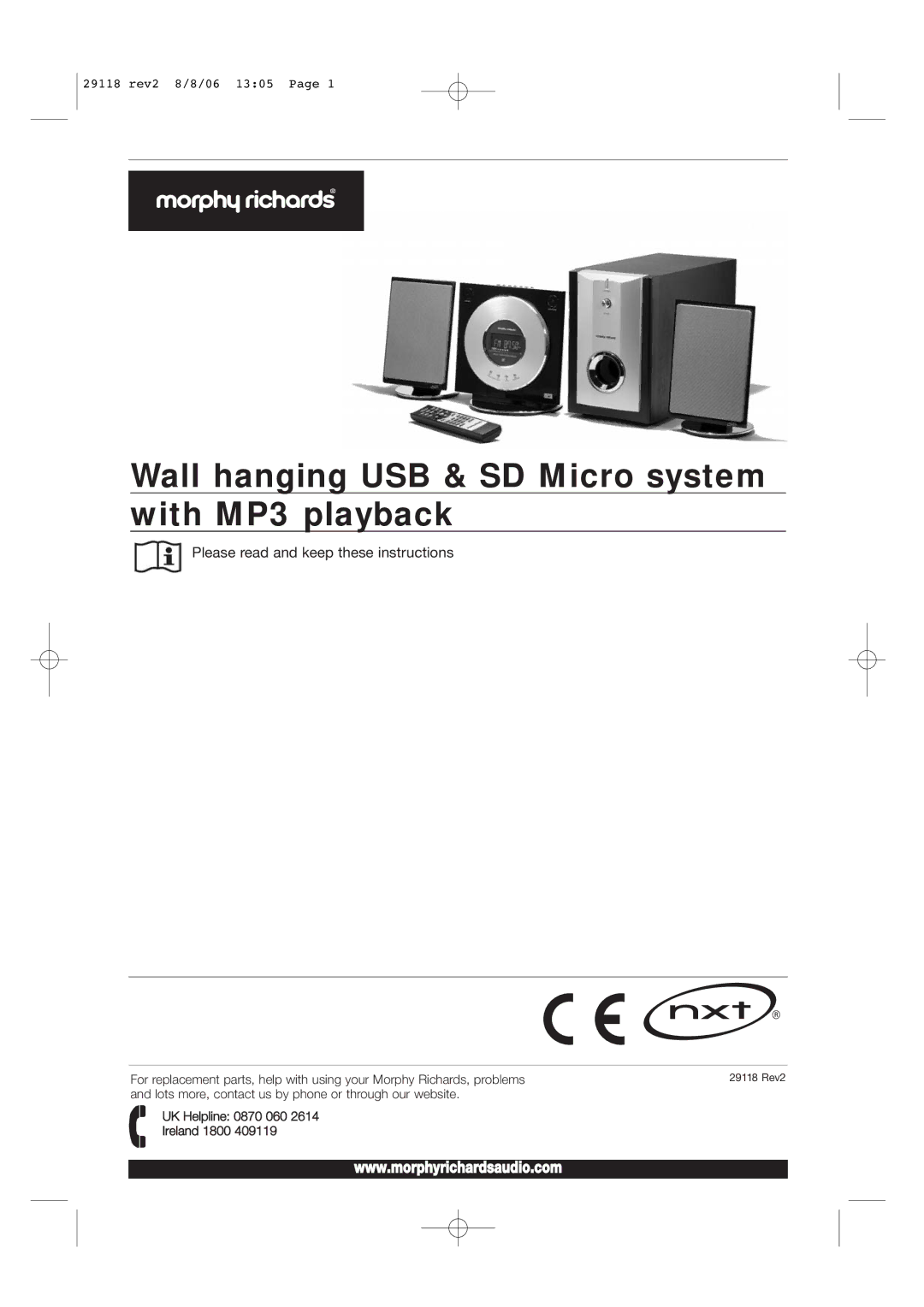 Morphy Richards 29118 REV2 manual Wall hanging USB & SD Micro system with MP3 playback 