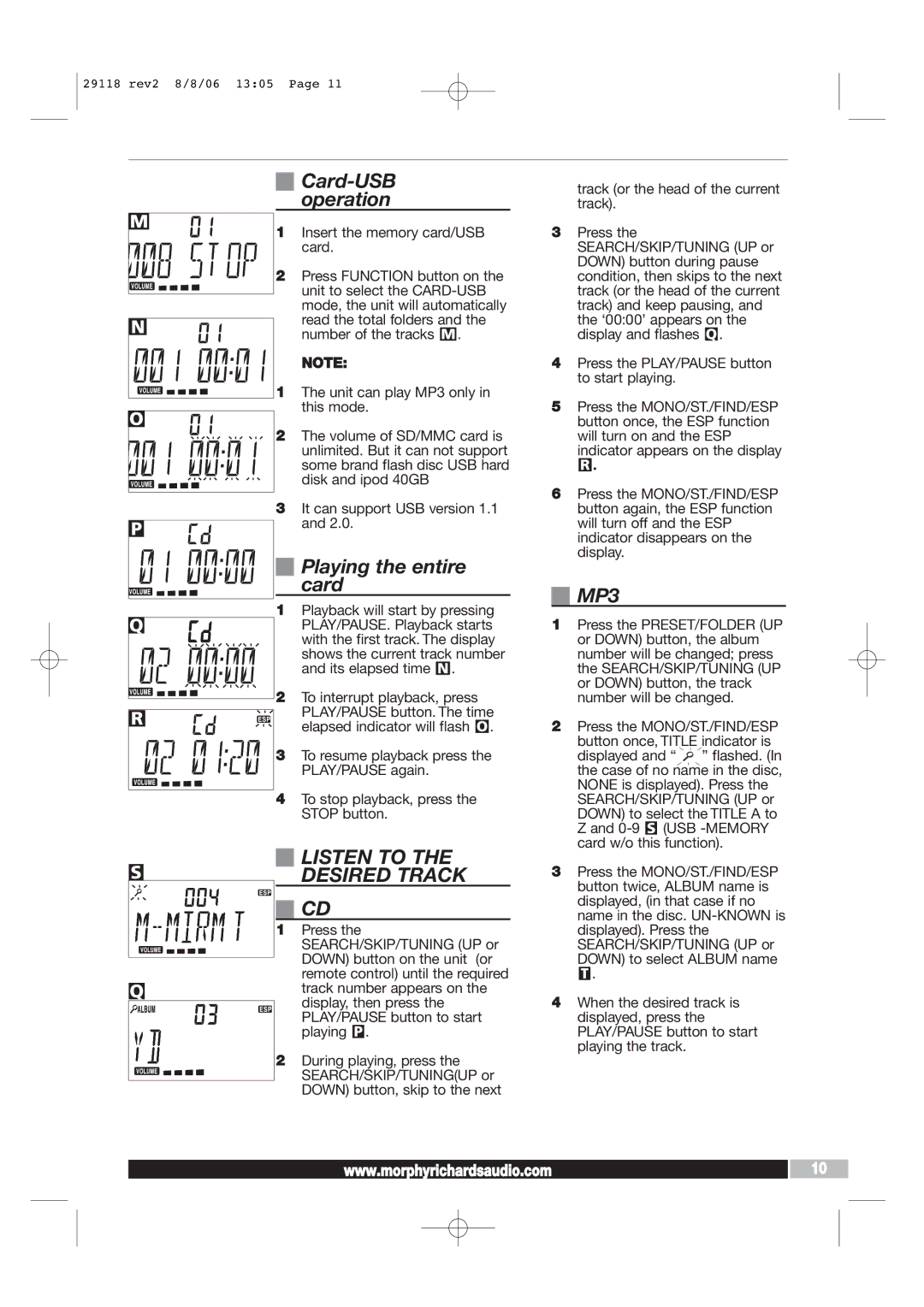 Morphy Richards 29118 REV2 manual Card-USB operation, Playing the entire card, MP3, Listen to, Desired Track 