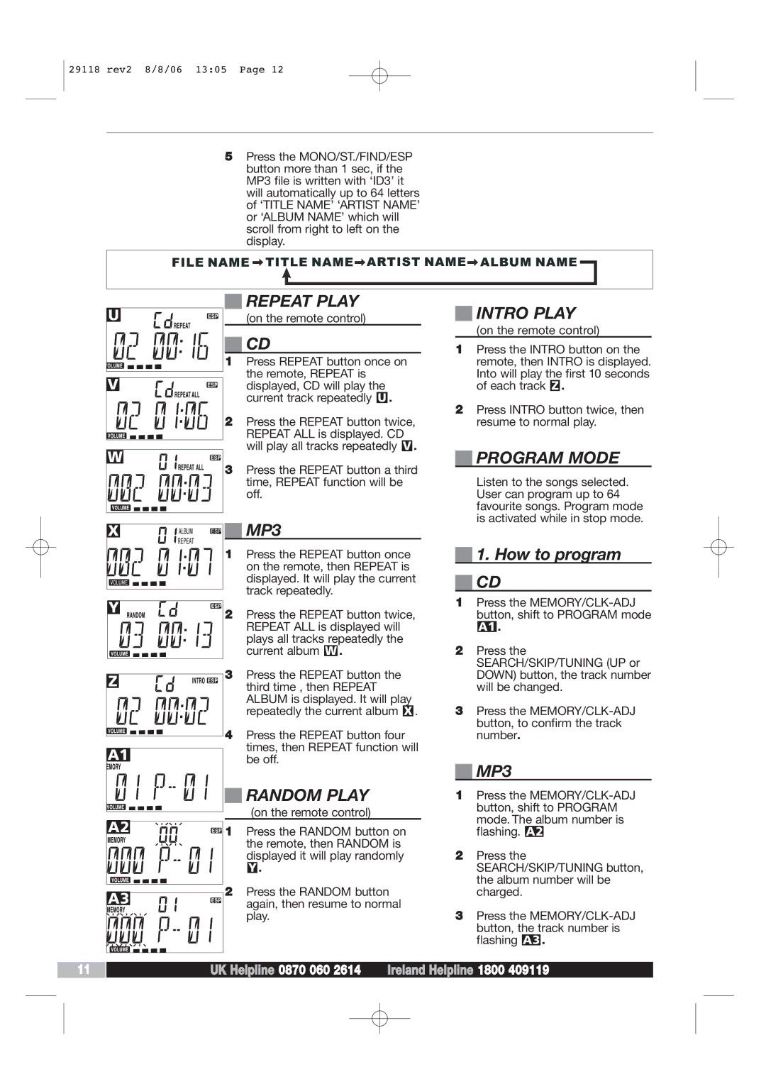 Morphy Richards 29118 REV2 manual Repeat Play, Intro Play, Program Mode, Random Play, How to program 