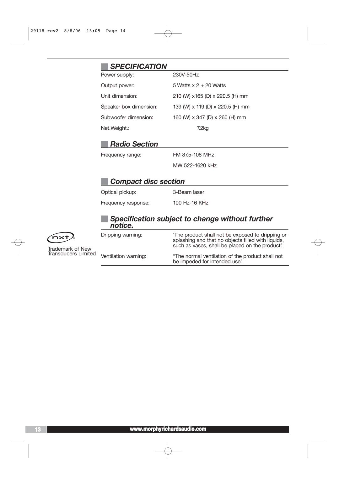 Morphy Richards 29118 REV2 manual Specification, Radio Section, Compact disc section 