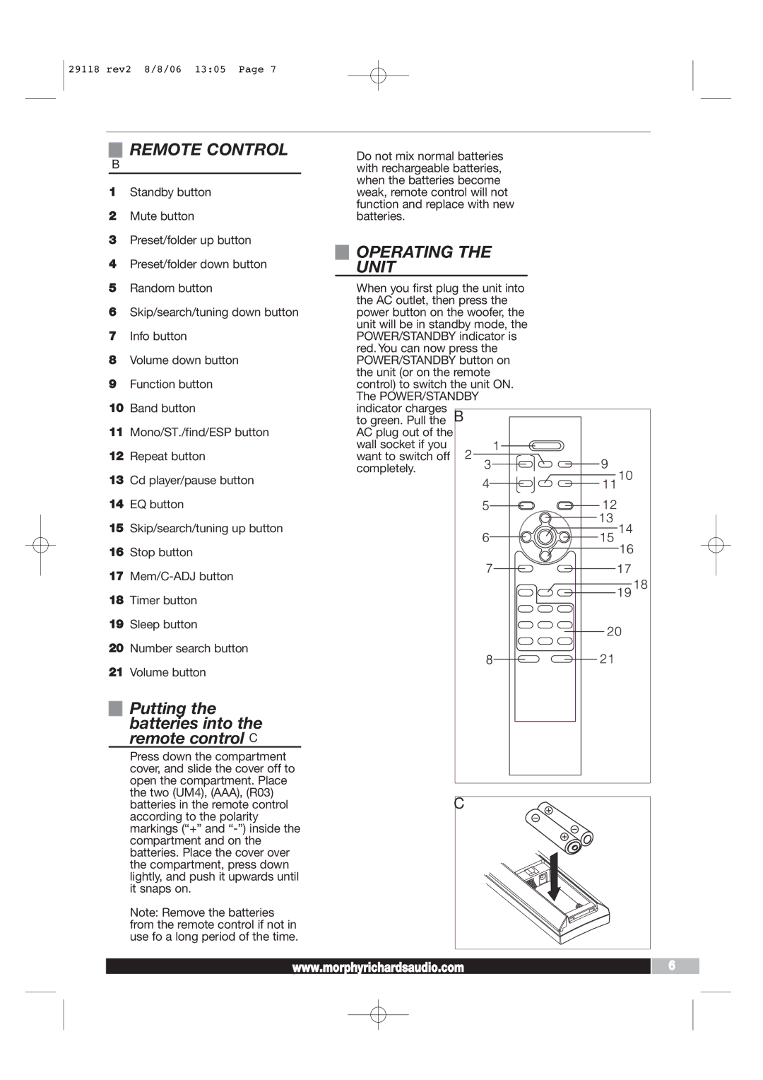 Morphy Richards 29118 REV2 manual Remote Control, Putting the batteries into the remote control C, Operating the Unit 