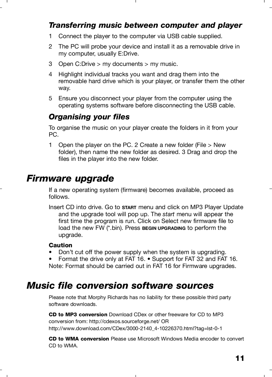 Morphy Richards 29204 manual Firmware upgrade, Music file conversion software sources, Organising your files 