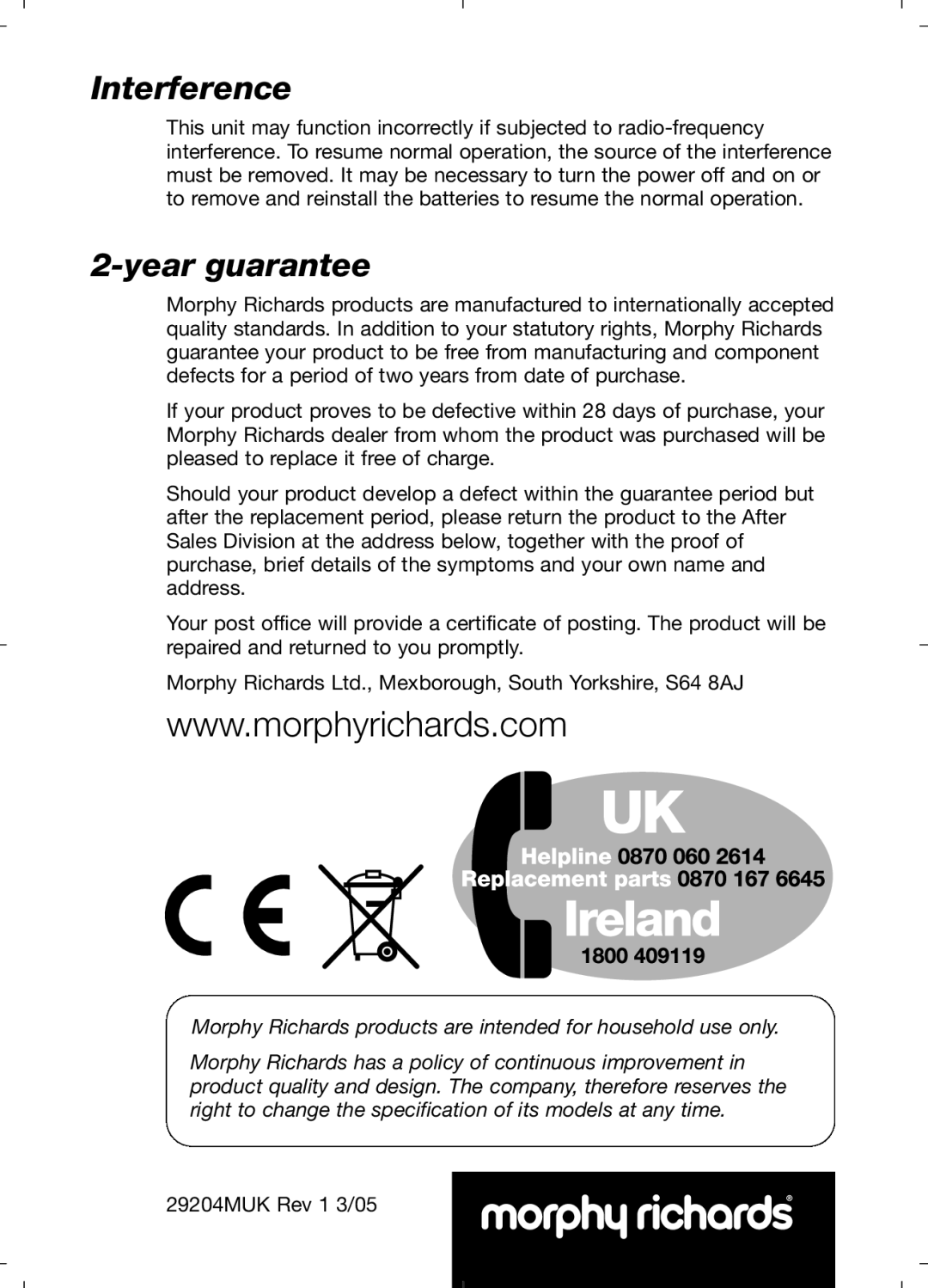 Morphy Richards 29204 manual Interference, Year guarantee 