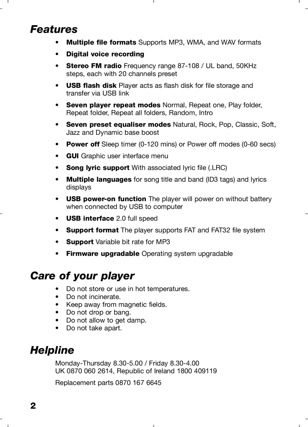 Morphy Richards 29204 manual Features, Care of your player, Helpline 