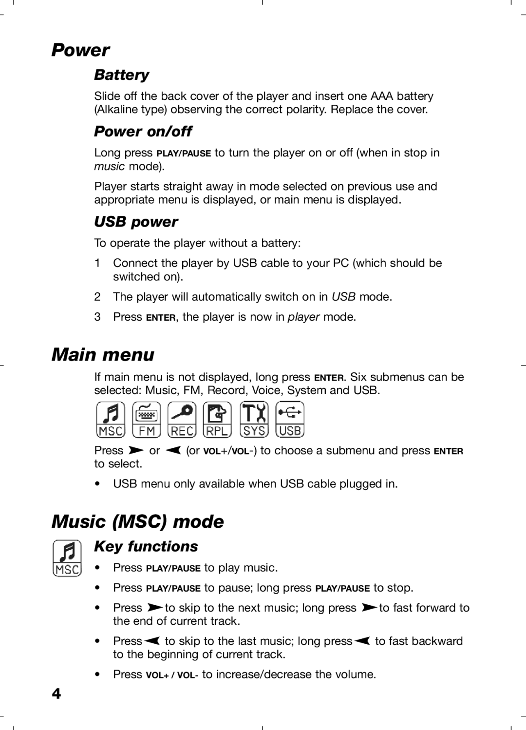 Morphy Richards 29204 manual Power, Main menu, Music MSC mode 