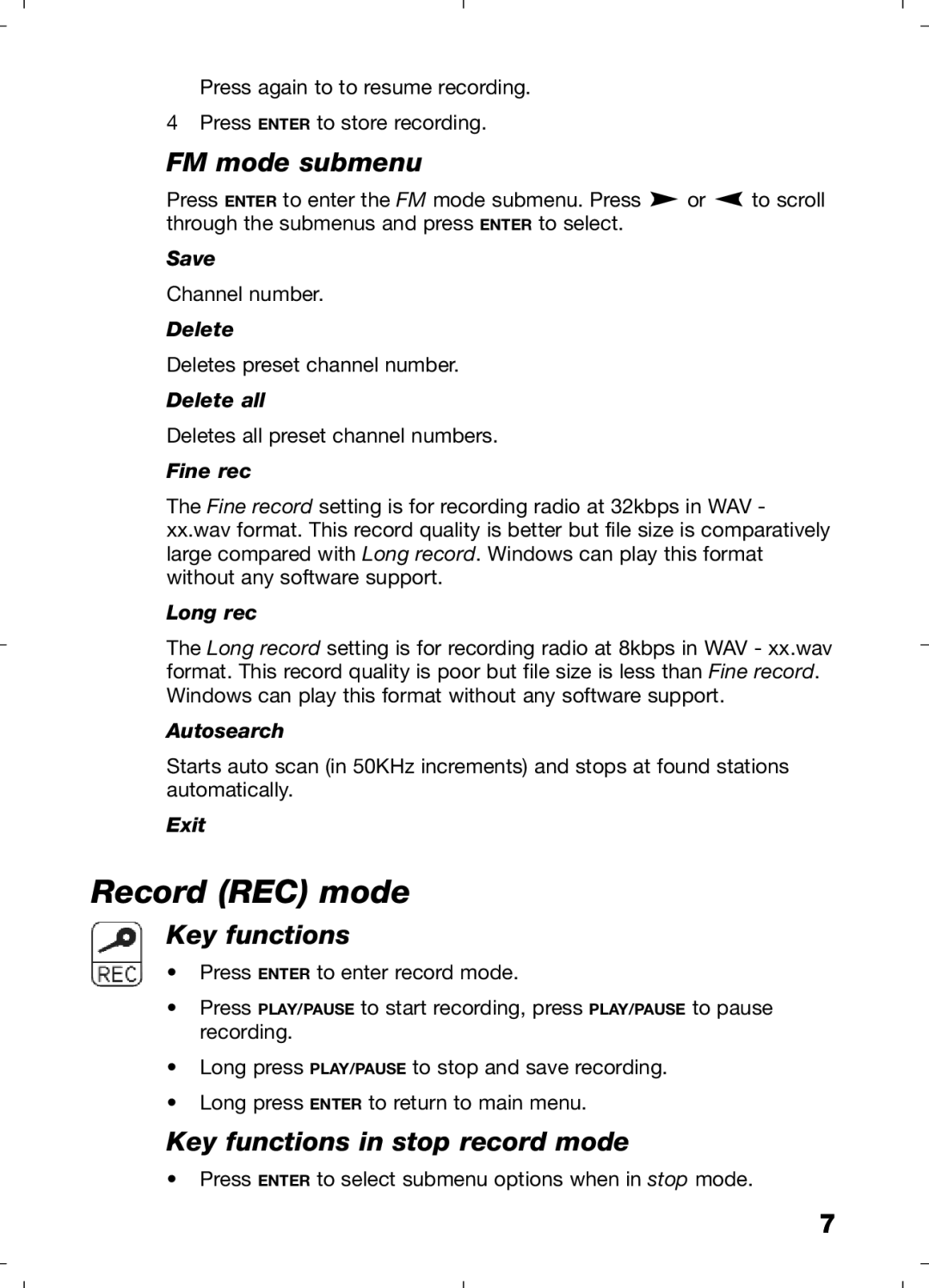 Morphy Richards 29204 manual Record REC mode, FM mode submenu, Key functions in stop record mode 