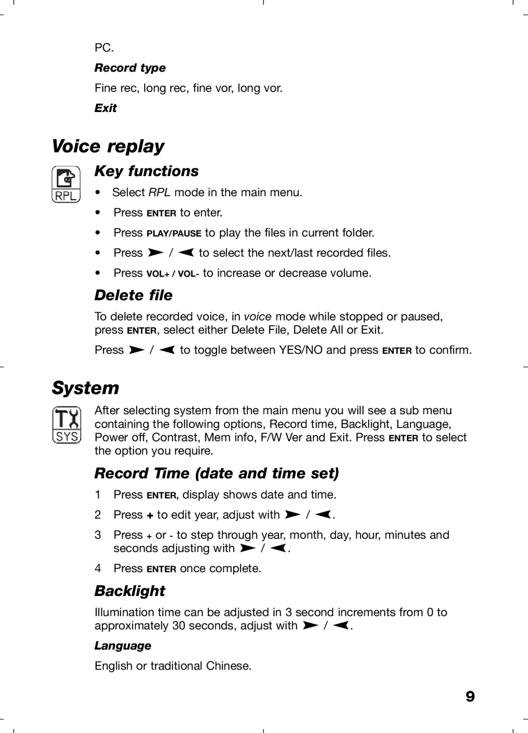 Morphy Richards 29204 manual Voice replay, System, Record Time date and time set, Backlight 