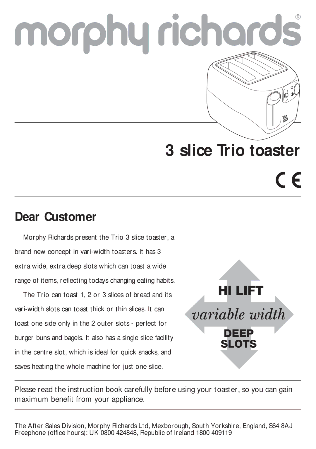 Morphy Richards 3 slice Trio toaster manual Slice Trio toaster, Dear Customer 