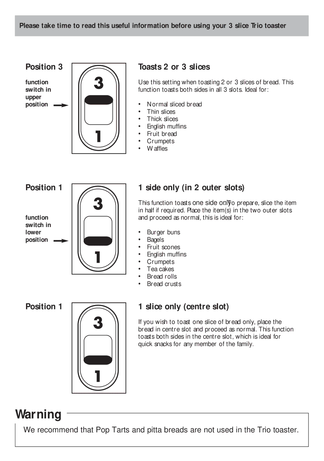 Morphy Richards 3 slice Trio toaster manual Position 