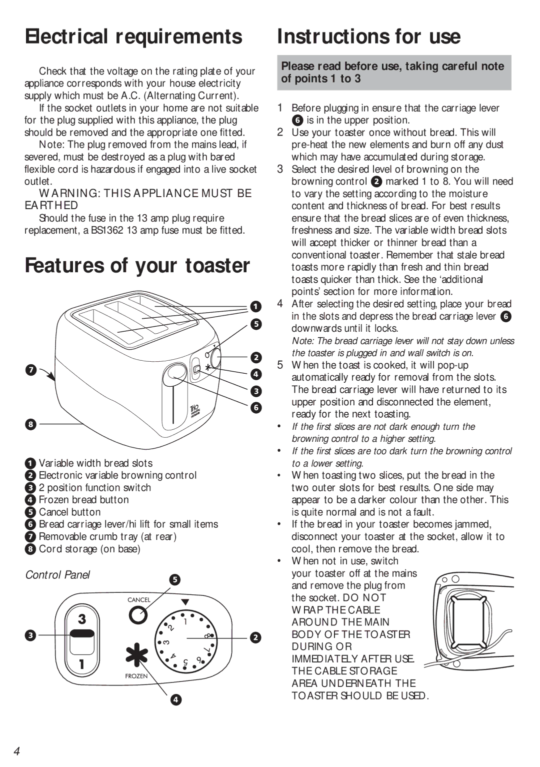 Morphy Richards 3 slice Trio toaster Instructions for use, Please read before use, taking careful note of points 1 to 