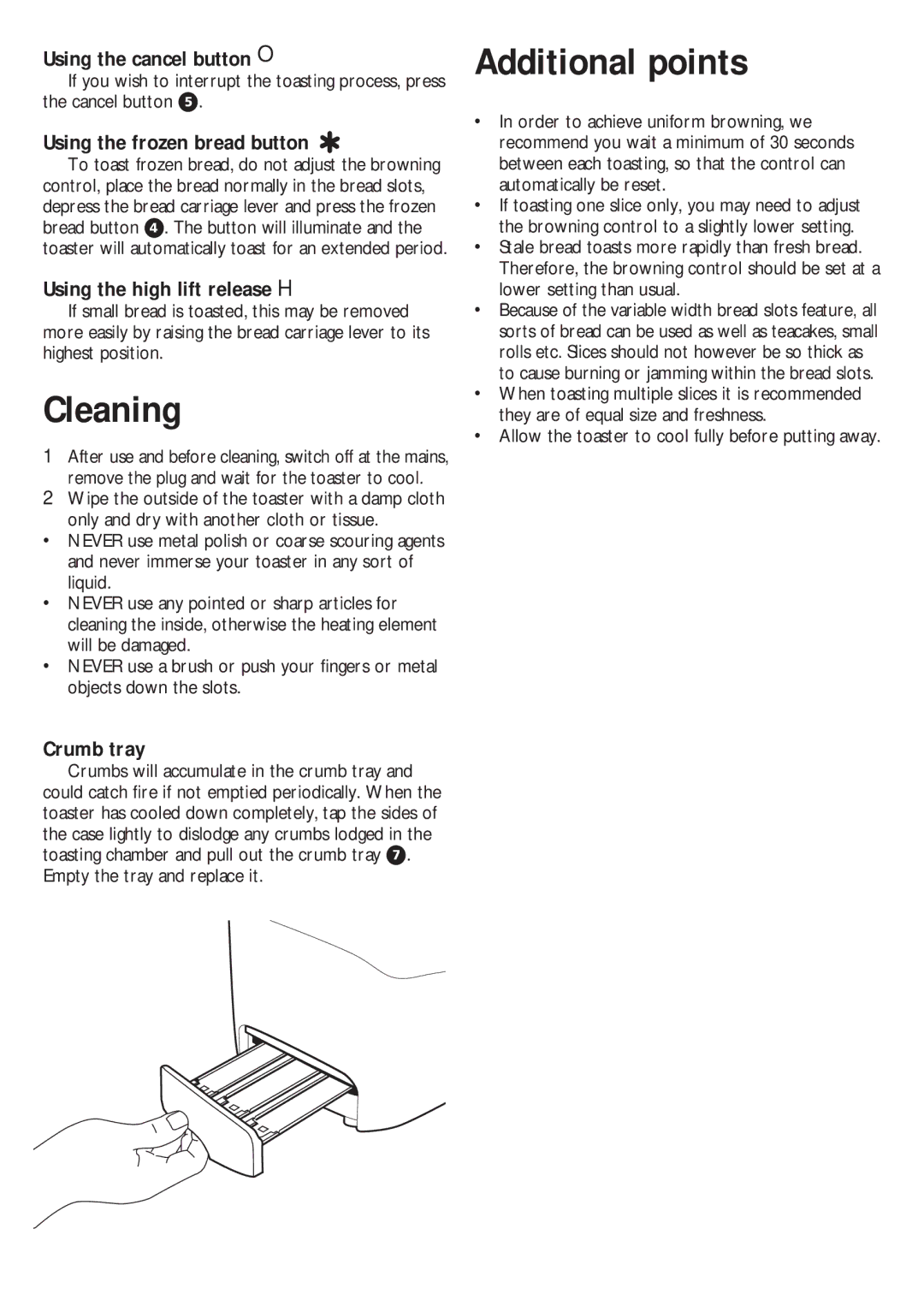 Morphy Richards 3 slice Trio toaster manual Cleaning, Additional points 