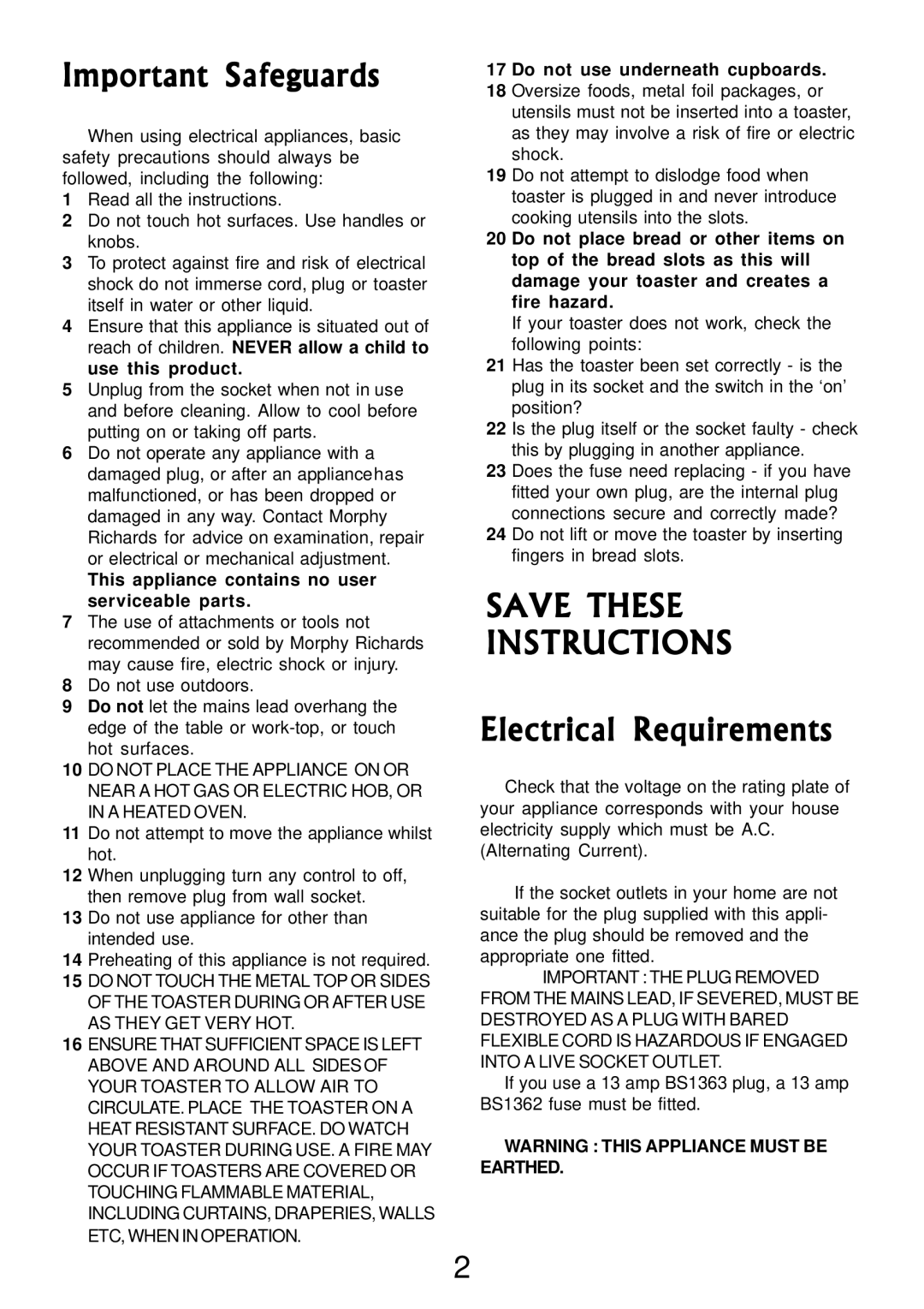 Morphy Richards 4 slice polished chrome toaster manual Important Safeguards, Electrical Requirements 