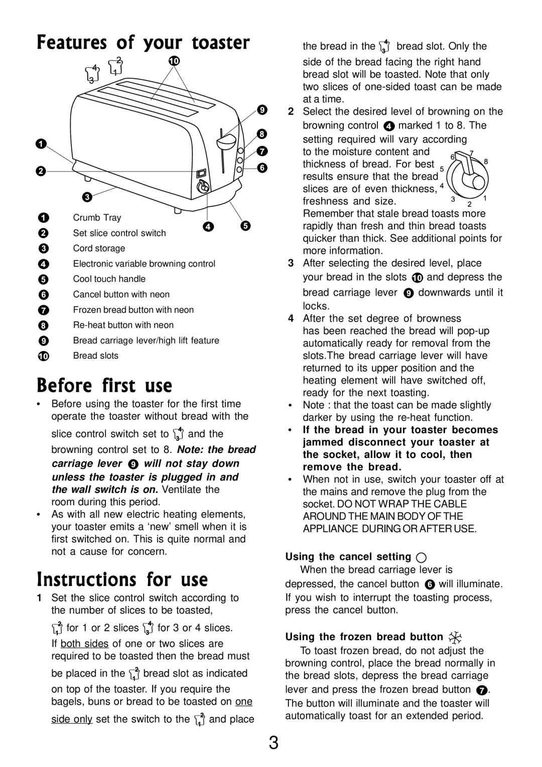 Morphy Richards 4 slice polished chrome toaster manual Features of your toaster, Before first use, Instructions for use 