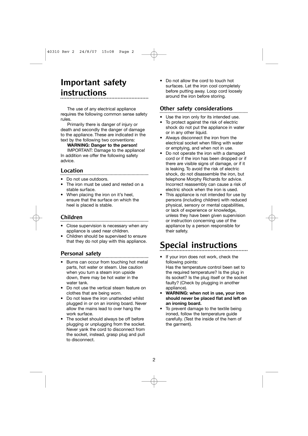 Morphy Richards 40310 manual Important safety instructions, Special instructions 