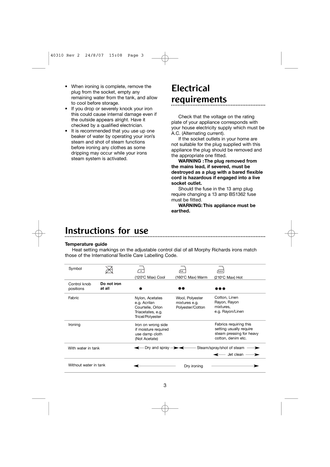 Morphy Richards 40310 manual Instructions for use, Temperature guide 