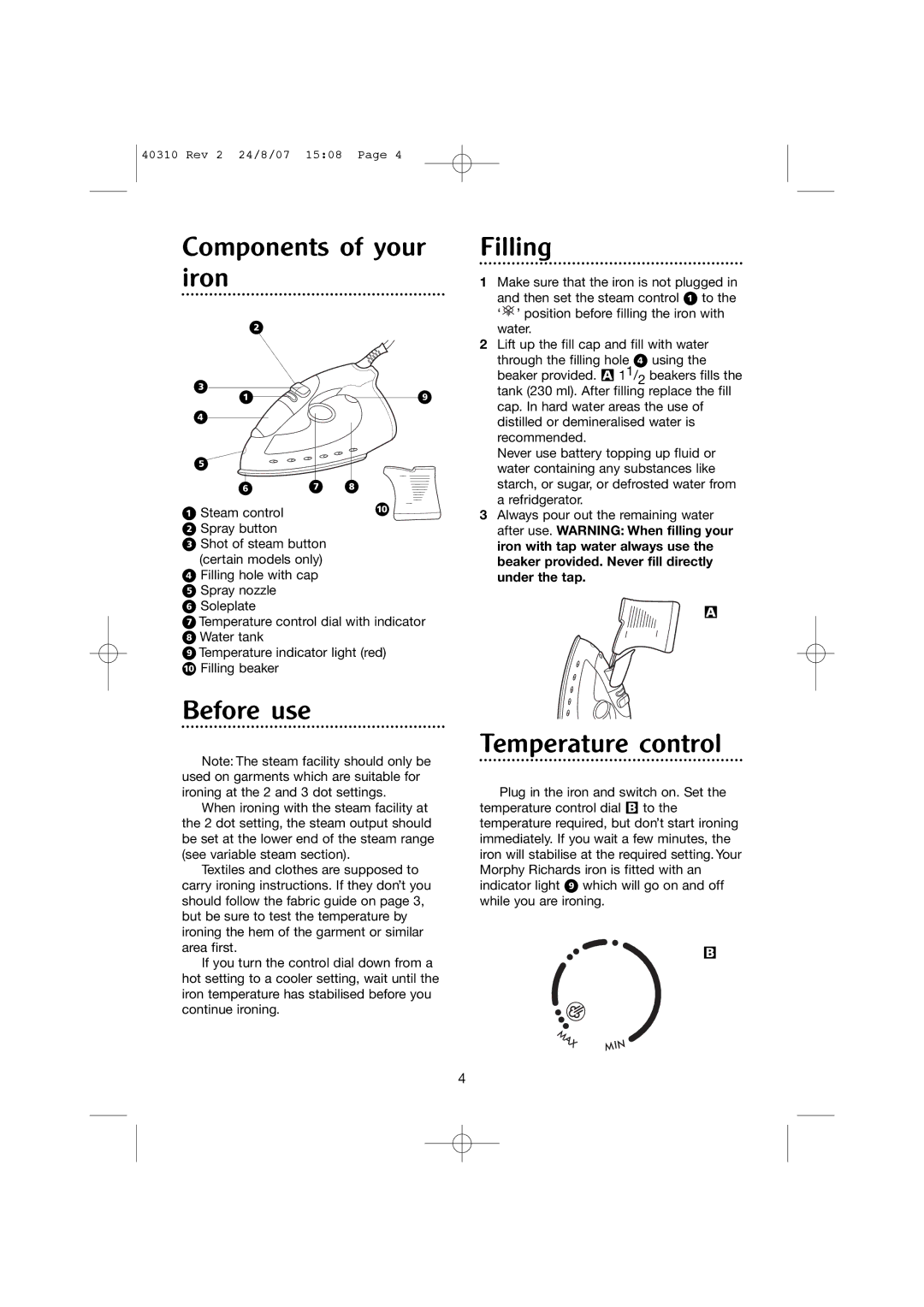 Morphy Richards 40310 manual Components of your iron Filling, Before use, Temperature control 