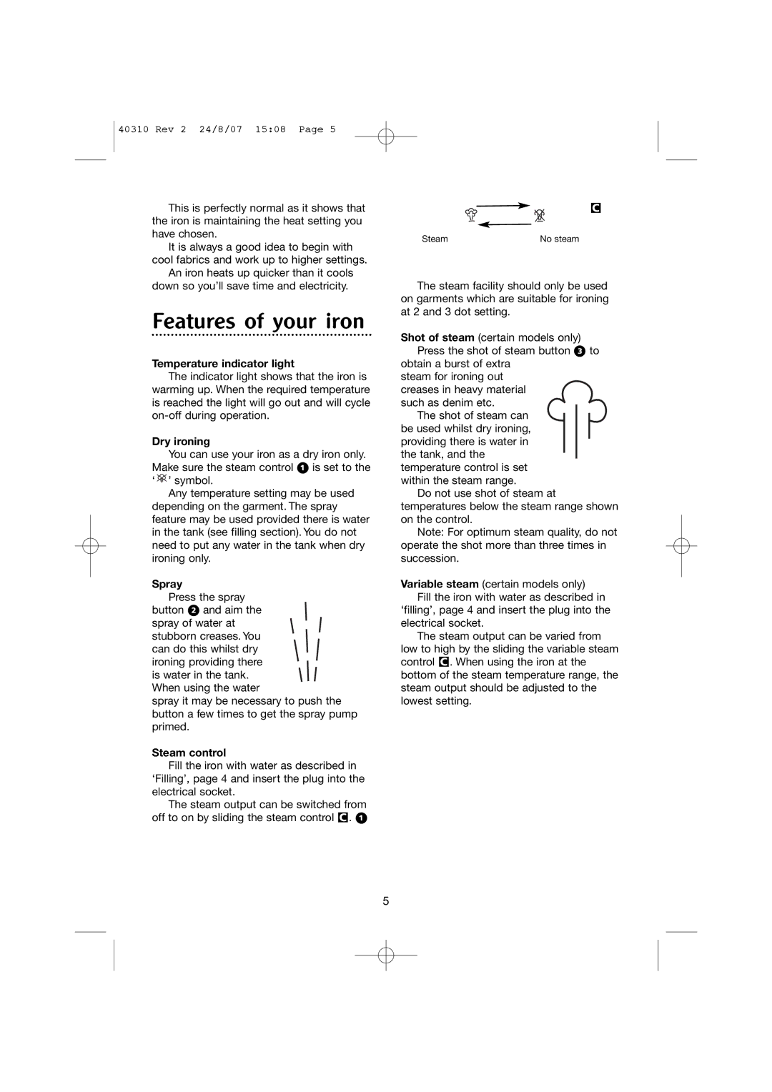 Morphy Richards 40310 manual Features of your iron, Temperature indicator light, Dry ironing, Spray, Steam control 