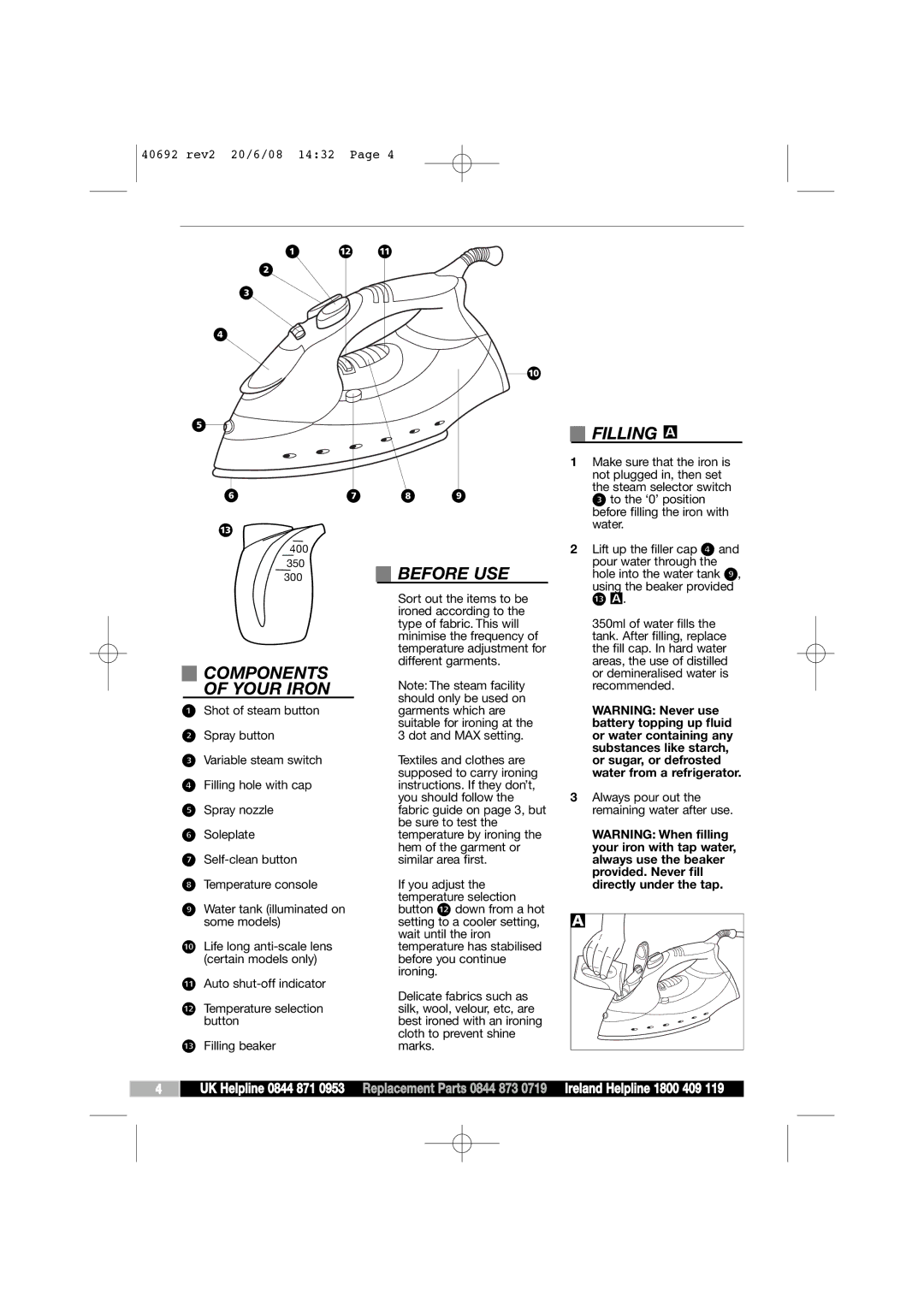 Morphy Richards 40692 manual Filling a, Components of Your Iron, Before USE 