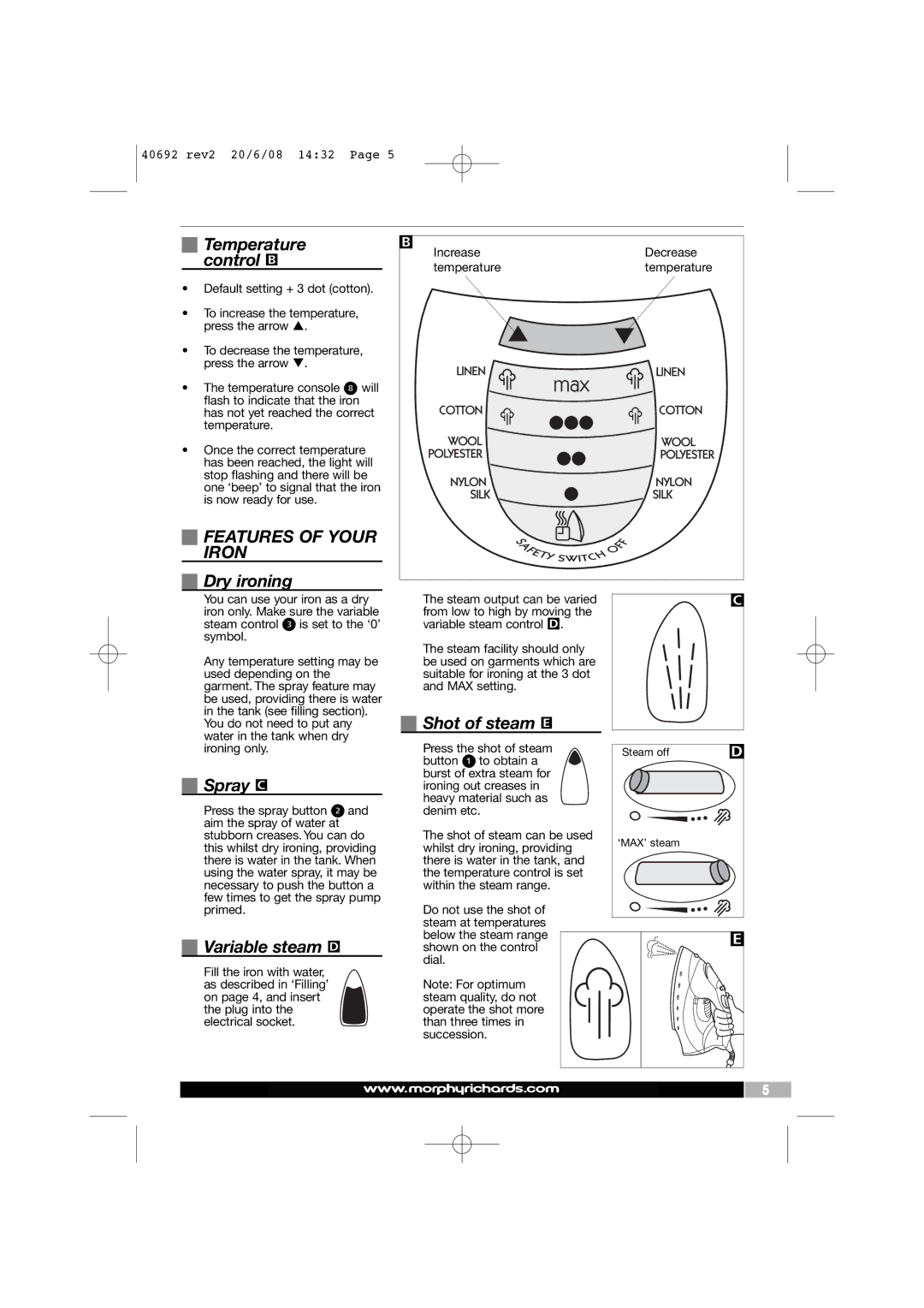 Morphy Richards 40692 manual Features of Your Iron 