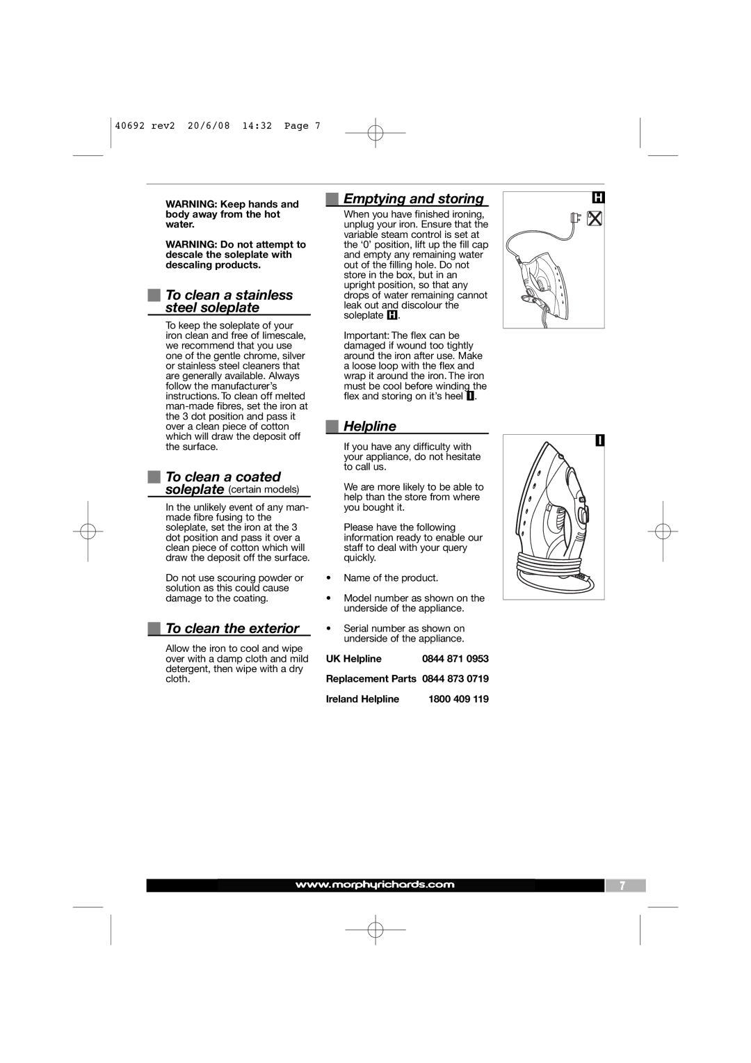 Morphy Richards 40692 To clean a stainless steel soleplate, To clean a coated, To clean the exterior, Emptying and storing 