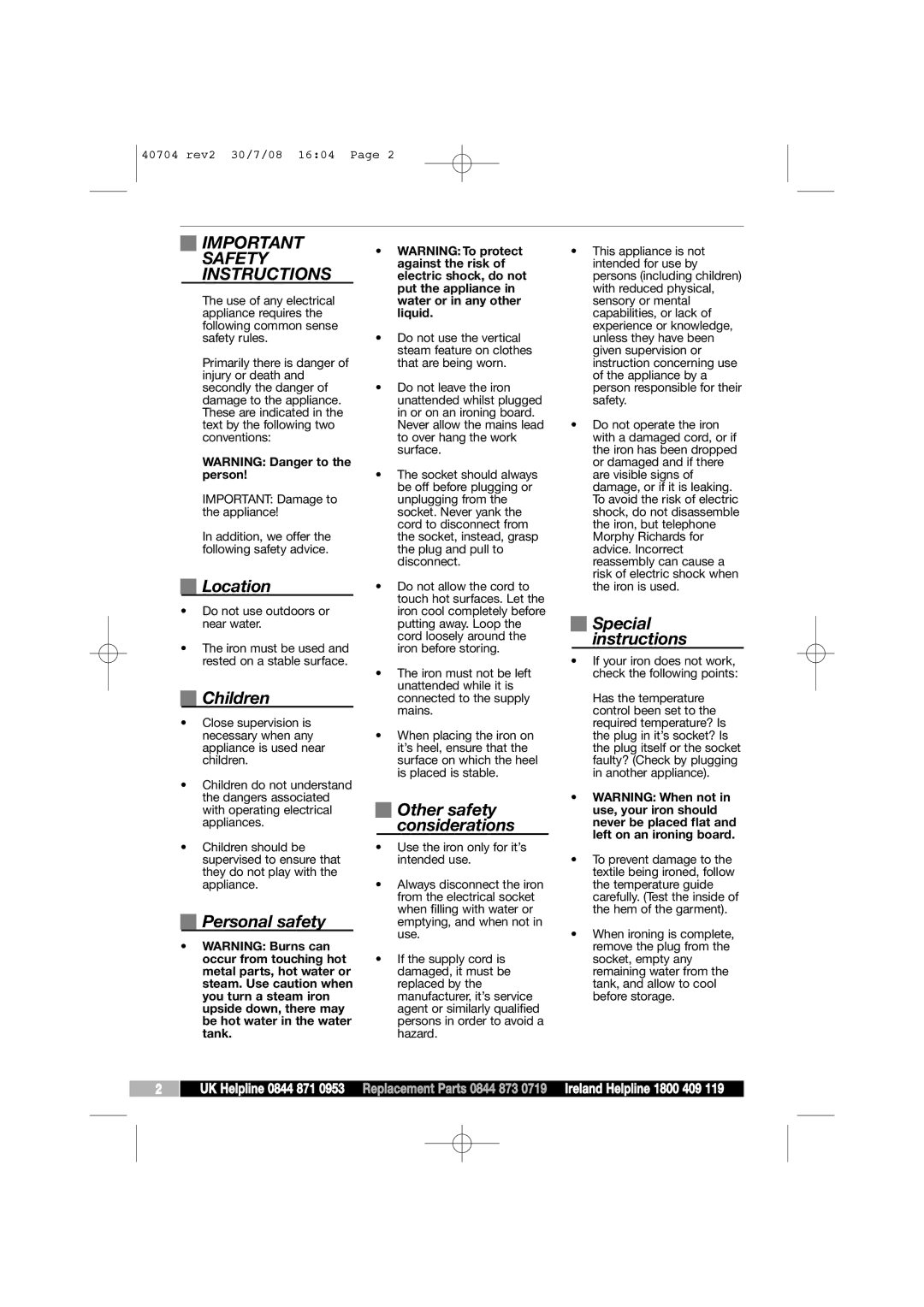 Morphy Richards 40704 manual Safety Instructions 