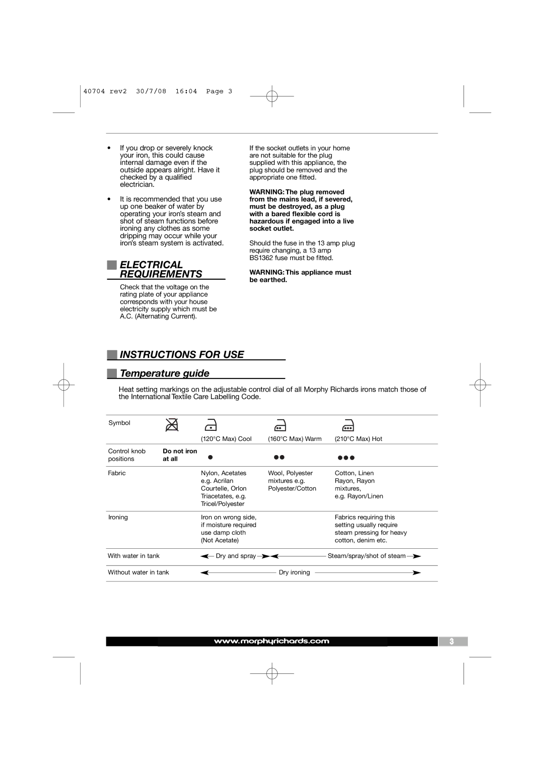 Morphy Richards 40704 manual Electrical Requirements, Instructions for USE, Temperature guide, Do not iron, At all 