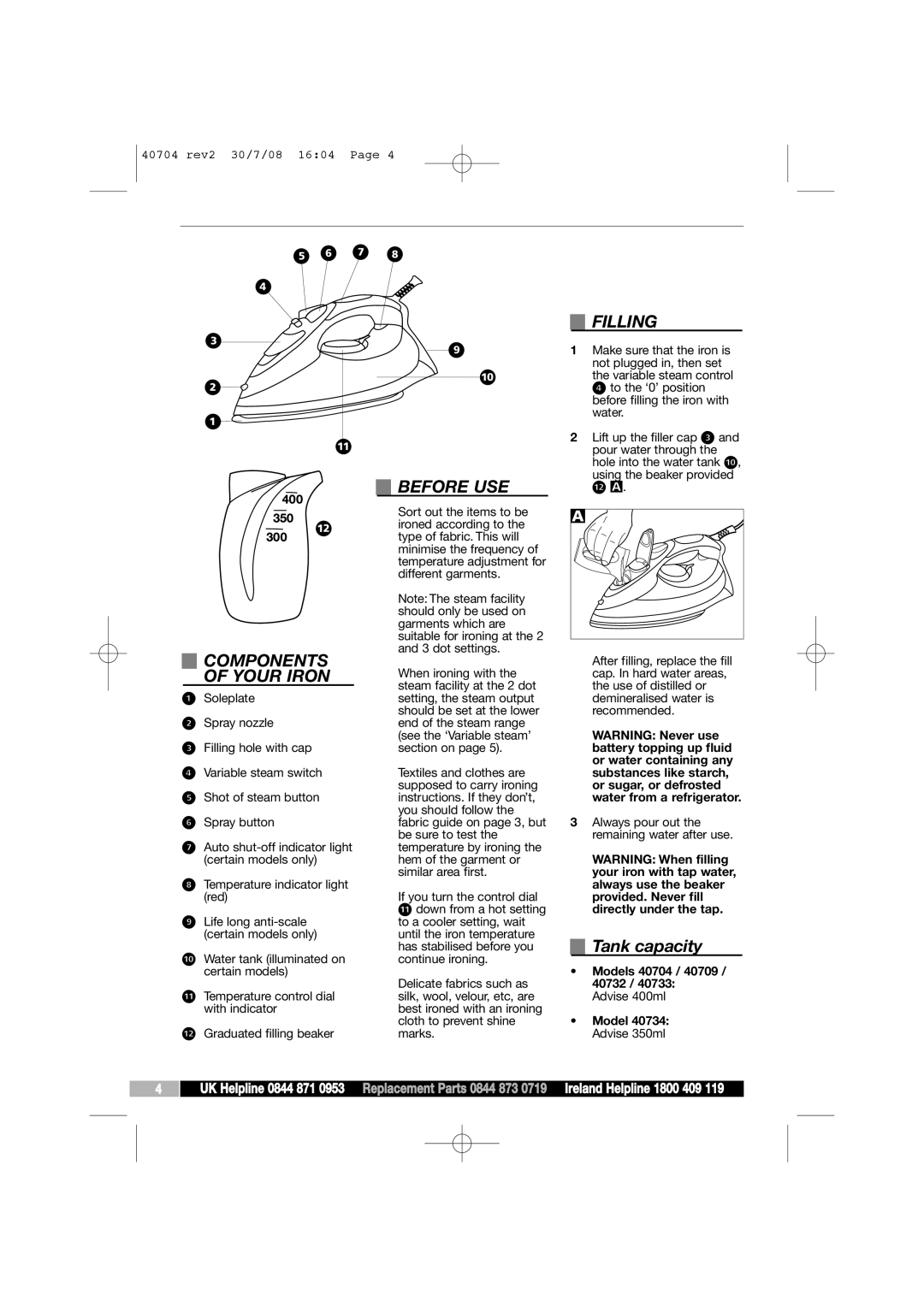 Morphy Richards 40704 manual Before USE, Components, Your Iron, Filling, Tank capacity 