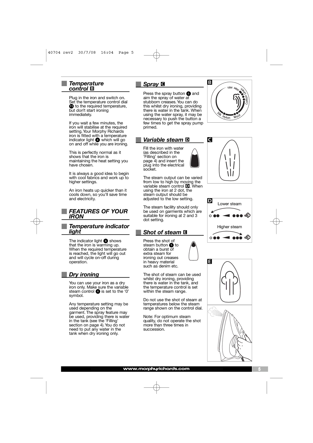 Morphy Richards 40704 manual Features of Your Iron 