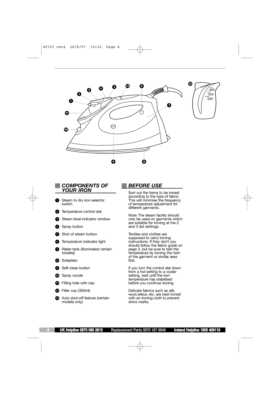 Morphy Richards 40725 manual Components of Your Iron, Before USE 