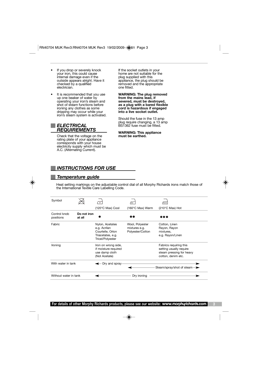 Morphy Richards 40734 manual Electrical Requirements, Instructions for USE, Temperature guide, Do not iron, At all 