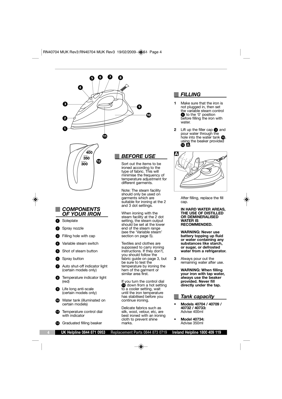 Morphy Richards 40734 manual Before USE, Components, Your Iron, Filling, Tank capacity 