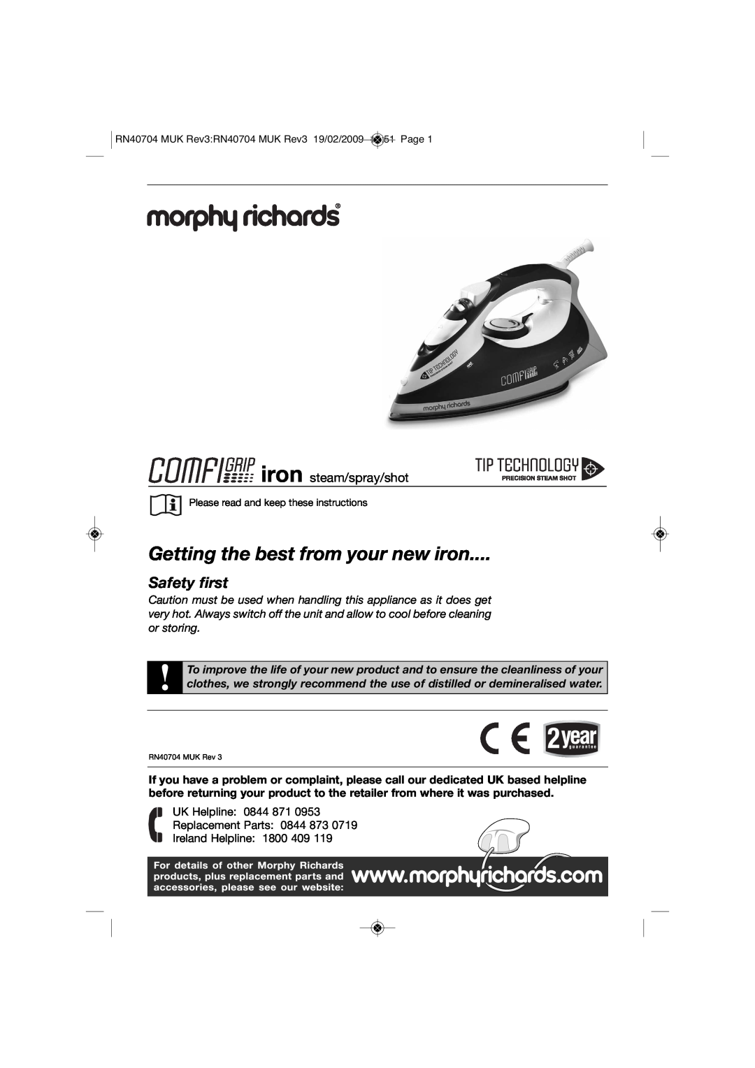 Morphy Richards 40734 manual Getting the best from your new iron, Safety first, iron steam/spray/shot 