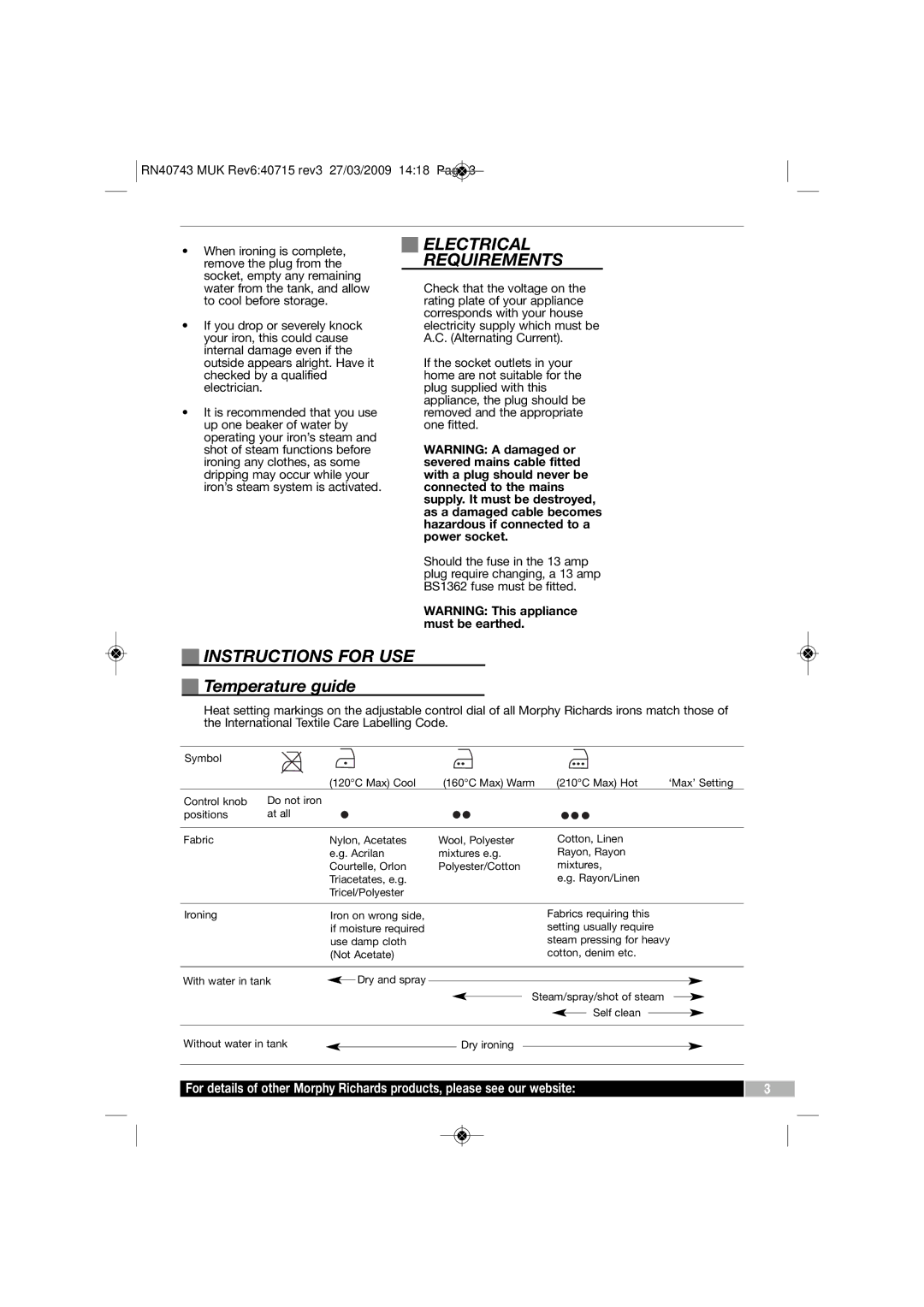 Morphy Richards 40743 manual Electrical Requirements, Instructions for USE, Temperature guide 