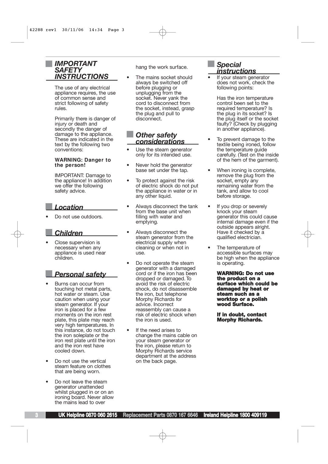 Morphy Richards 42288 manual Important Safety Instructions 