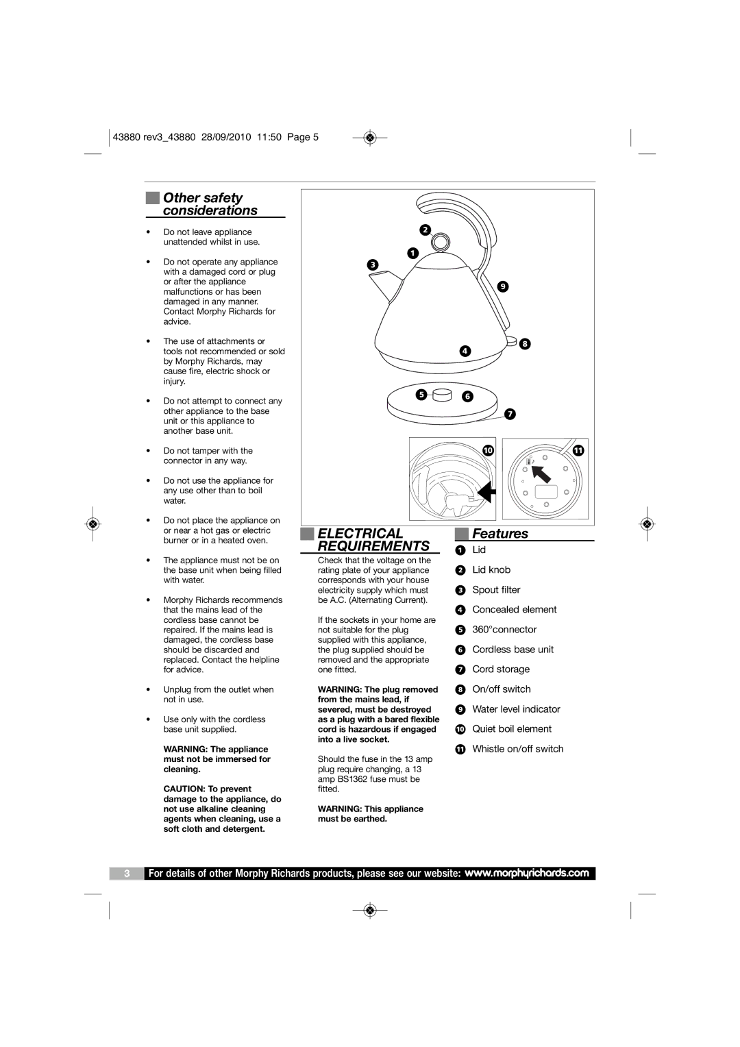 Morphy Richards 43037 warranty Other safety considerations, Electrical, Features, Requirements 