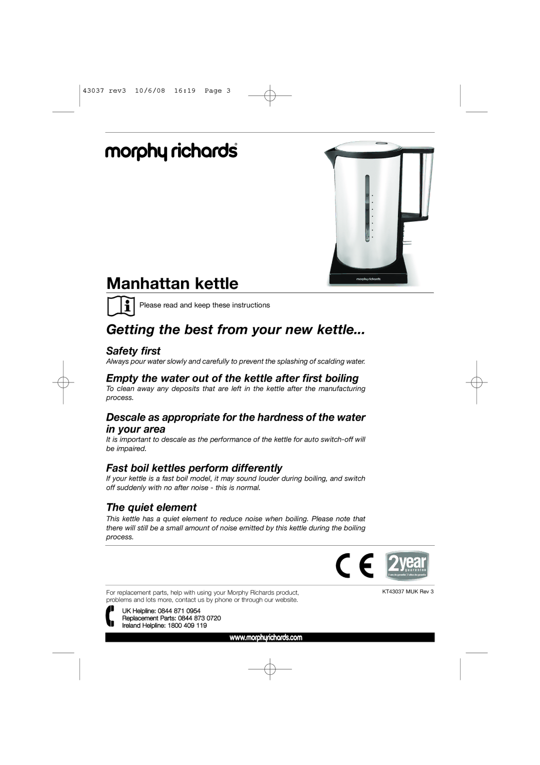 Morphy Richards 43037 warranty Manhattan kettle 