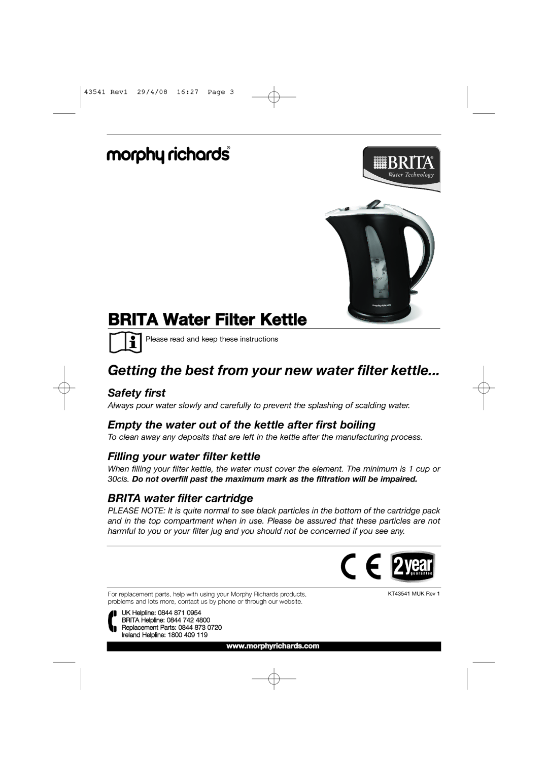 Morphy Richards 43541 manual Brita Water Filter Kettle 