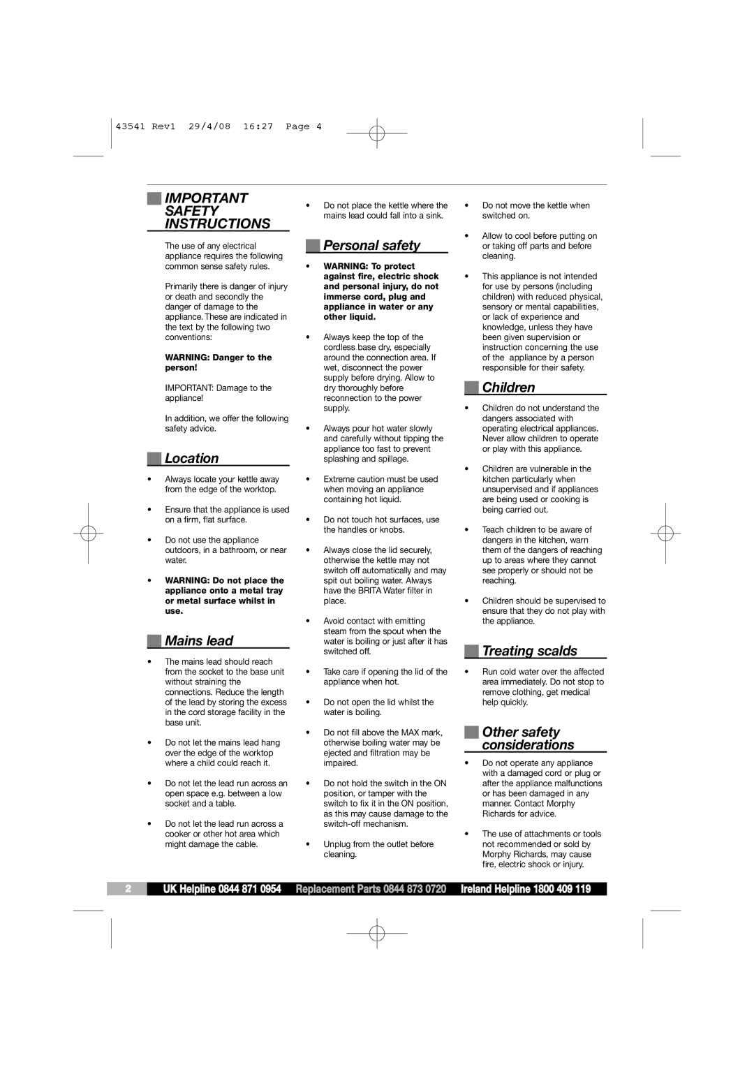 Morphy Richards 43541 manual Safety, Instructions 