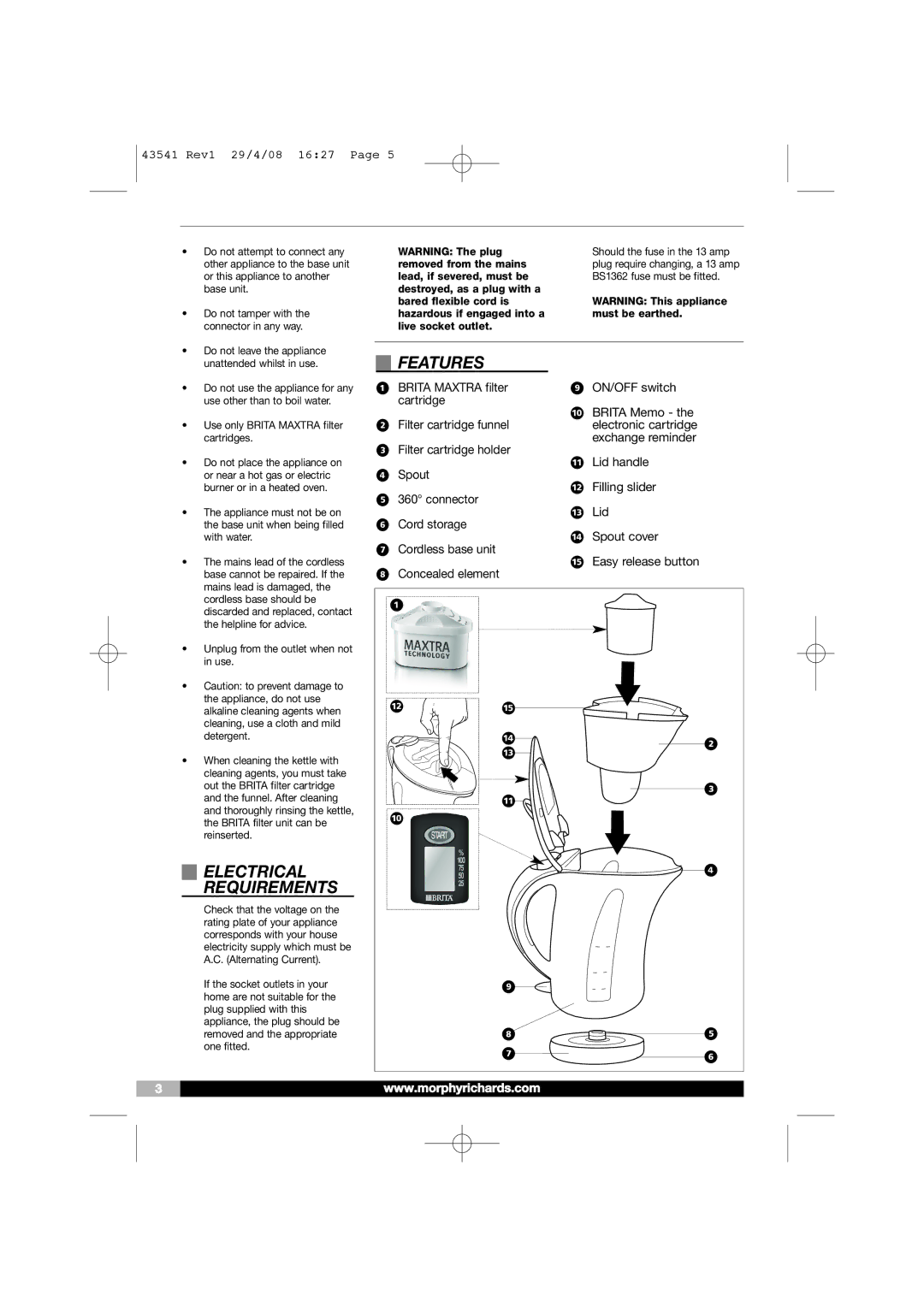 Morphy Richards 43541 manual Electrical Requirements, Features 