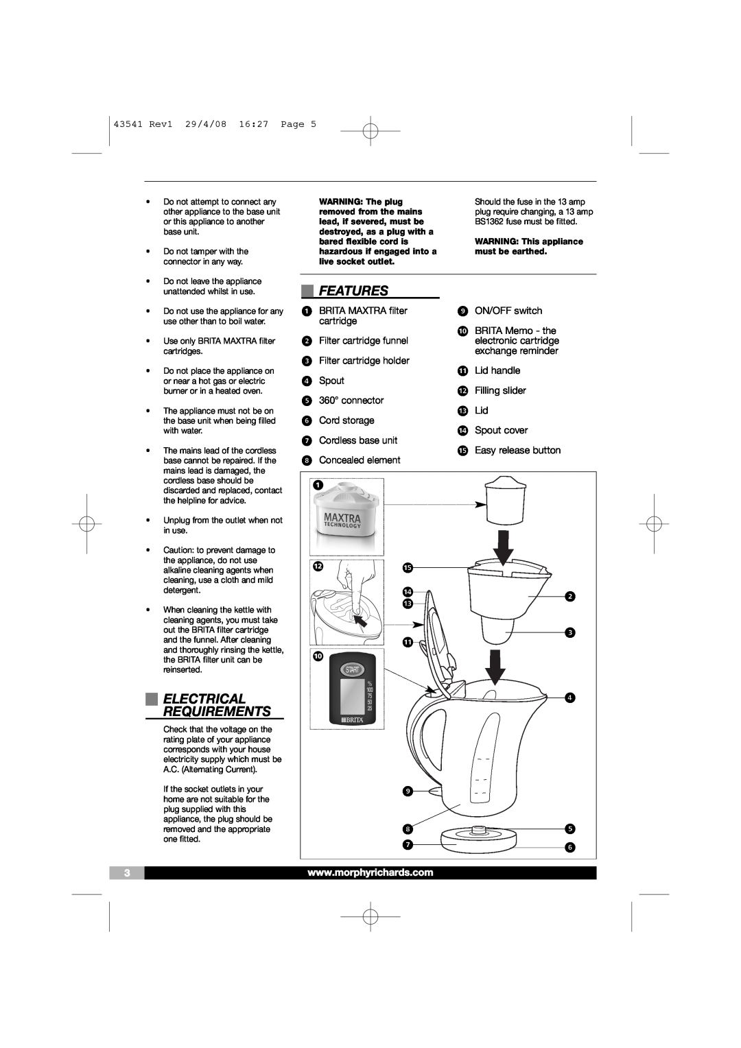 Morphy Richards 43541 manual Electrical Requirements, Features 