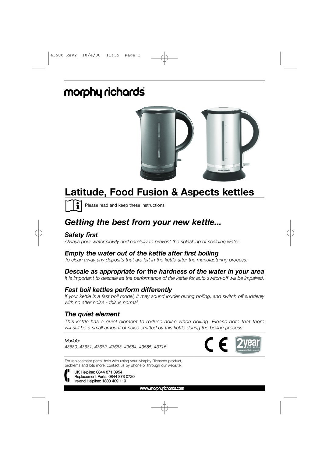 Morphy Richards 43680 warranty Latitude, Food Fusion & Aspects kettles, Getting the best from your new kettle, Safety first 