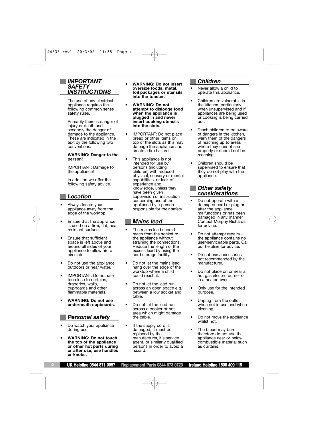 Morphy Richards 44333 manual Safety Instructions 