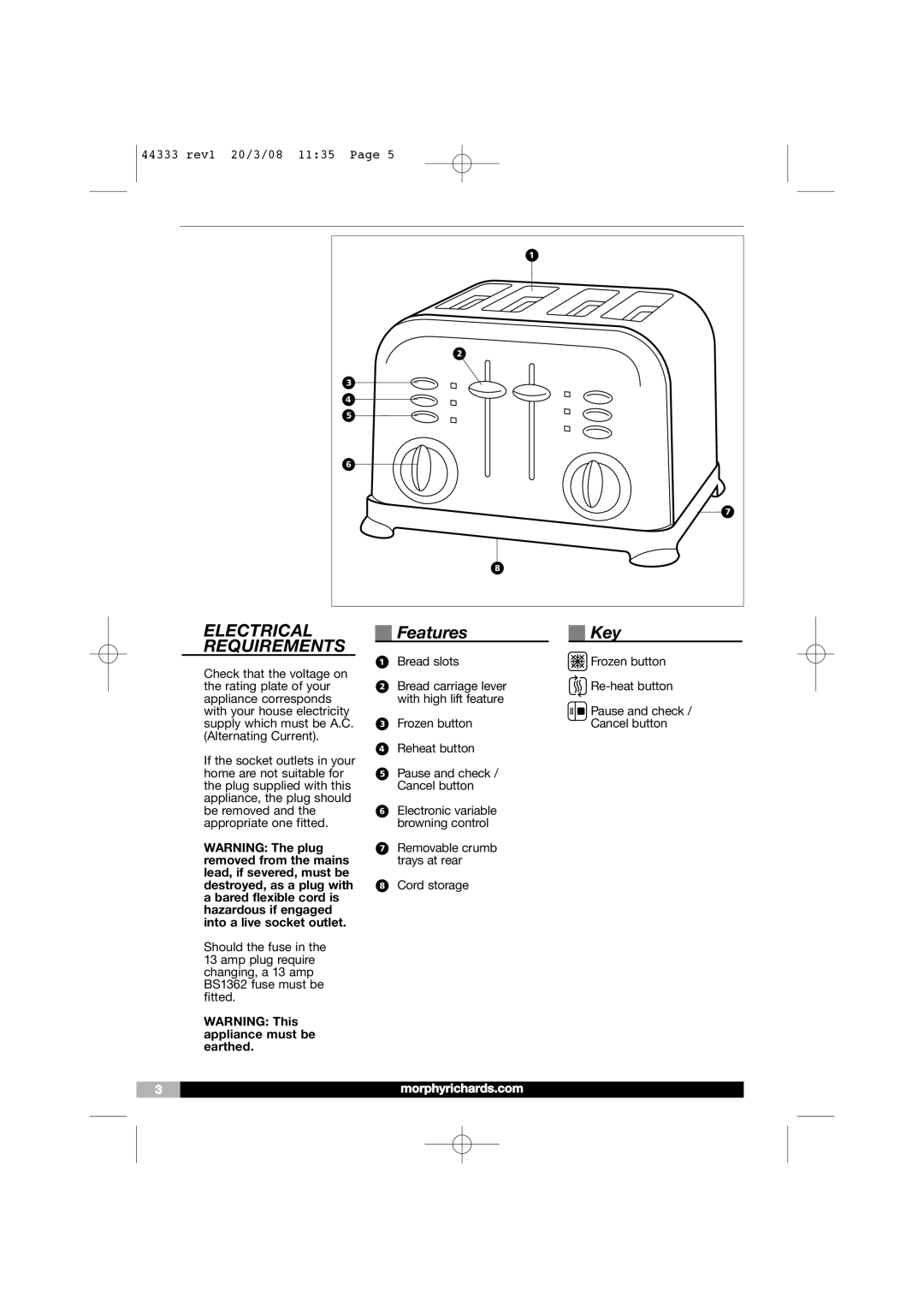 Morphy Richards 44333 manual Electrical, Features Key, Requirements 